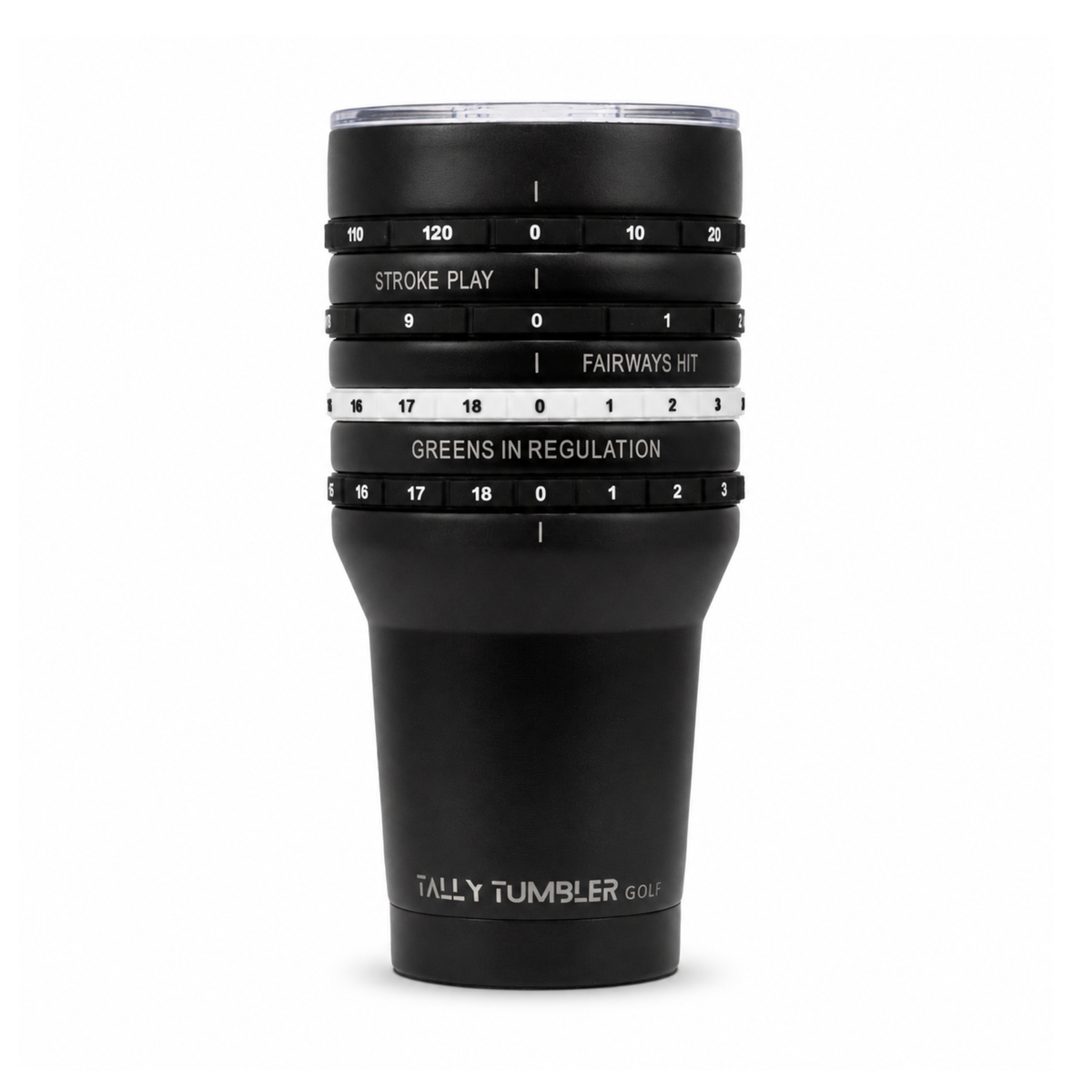 A black Tally Tumbler golf tumbler with a clear lid and white printed dial markings for golf performance metrics, shown on a clean white background.