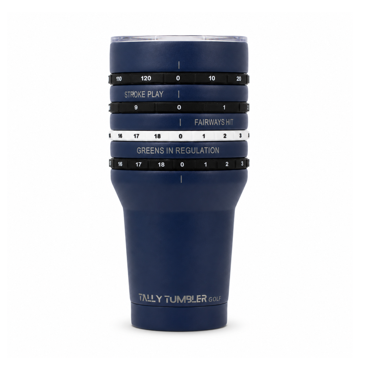 A navy blue Tally Tumbler golf tumbler with black and white speed staging rings on the upper half, shown against a plain white background.
