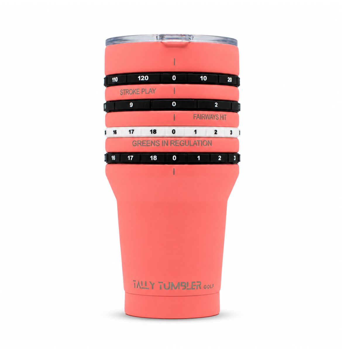 A coral pink Tally Tumbler 20oz insulated travel tumbler with a clear lid and black-and-white rotating timer bands, shown on a white background.