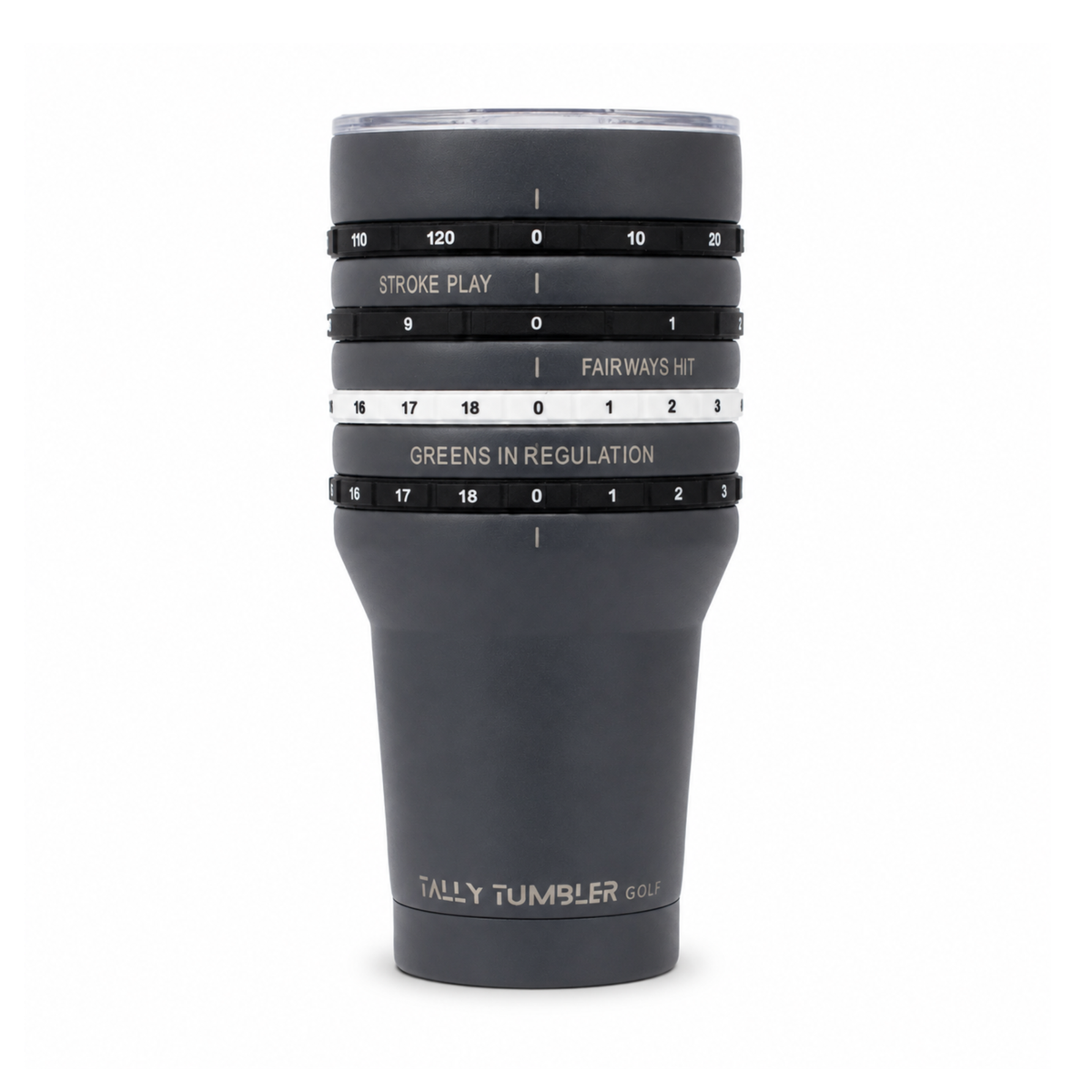A dark gray Tally Tumbler golf tumbler with a transparent lid and black measurement rings showing stroke play, fairways hit, and greens in regulation, on a white background.