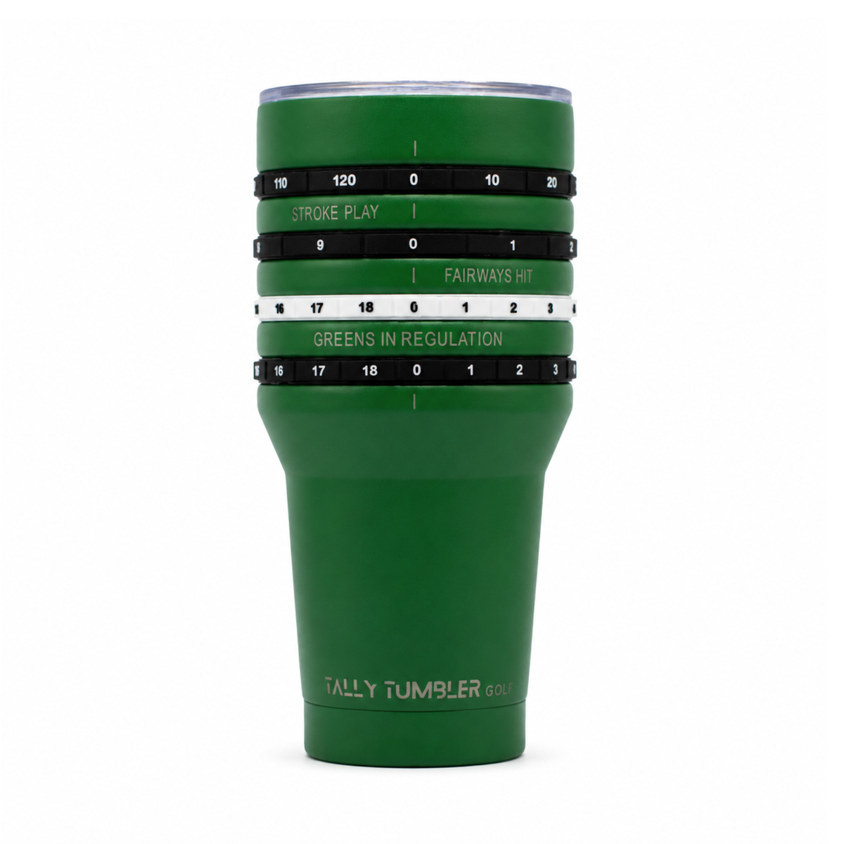 A green Tally Tumbler 990 stainless steel travel tumbler with a clear lid and black and white alignment rings, shown on a solid white background.