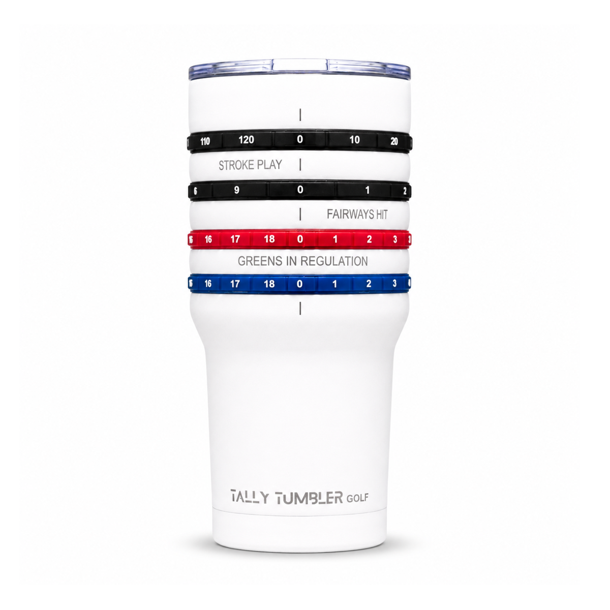 A white Tally Tumbler golf tumbler with a clear lid and four colored bands indicating golf shot quality (black, white, red, blue) with printed text, shown on a white background.