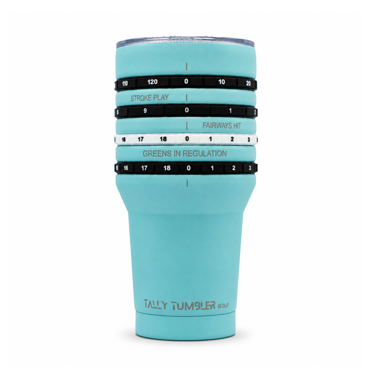 A turquoise Tally Tumbler insulated tumbler with a clear lid and black measurement rings showing golf swing metrics, set against a plain white background.