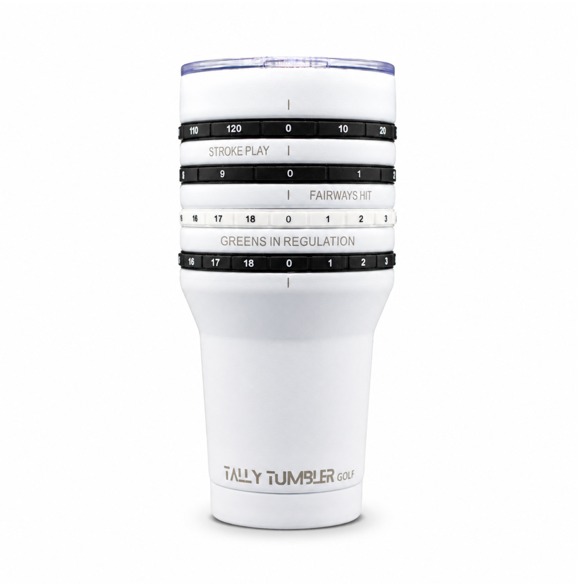 A white Tally Tumbler 60oz travel tumbler with a custom printed golf swing analysis graphic on the side, featuring black and white rings with stroke play and fairways hit metrics, set against a plain white background.